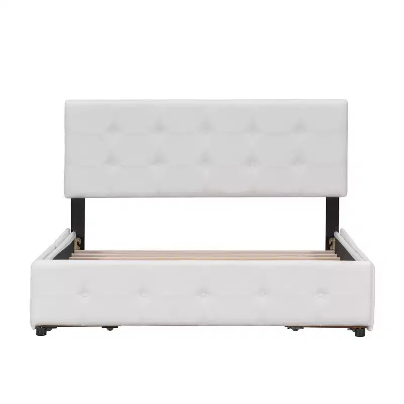 Lit plateforme capitonné avec tête de lit classique et 4 tiroirs - Aucun sommier requis - Tissu en lin - Grand lit (Queen) - Beige