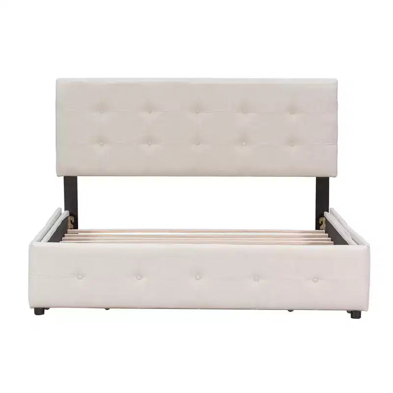 Lit plateforme capitonné avec tête de lit classique et 4 tiroirs - Aucun sommier requis - Tissu en lin - Grand lit (Queen) - Beige