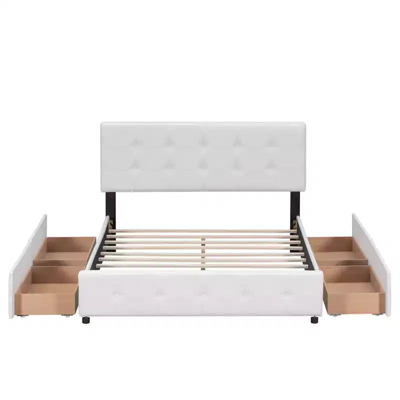 Lit plateforme capitonné avec tête de lit classique et 4 tiroirs - Aucun sommier requis - Tissu en lin - Grand lit (Queen) - Beige
