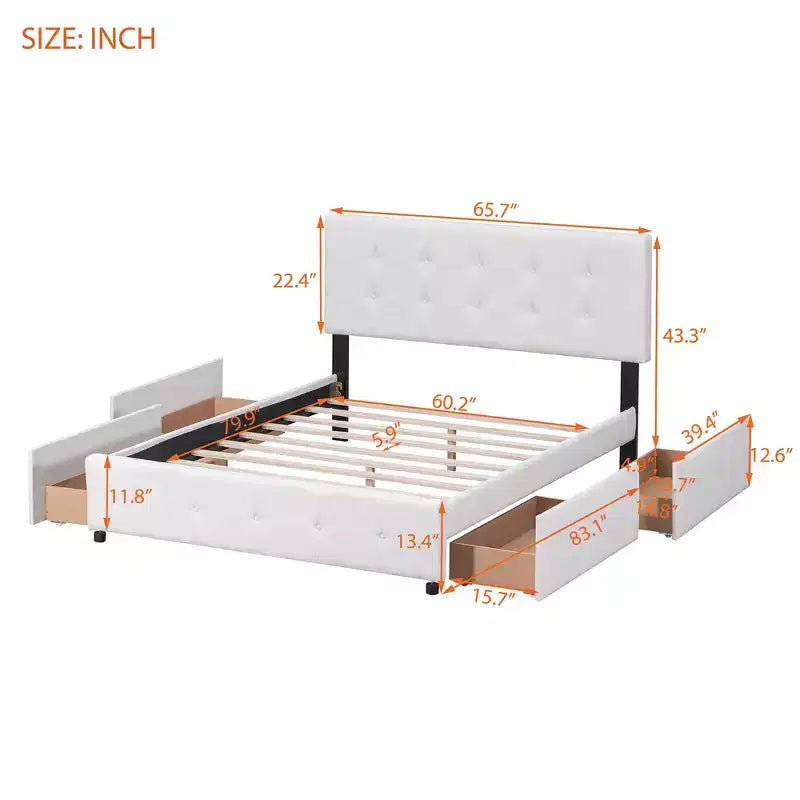 Lit plateforme capitonné avec tête de lit classique et 4 tiroirs - Aucun sommier requis - Tissu en lin - Grand lit (Queen) - Beige