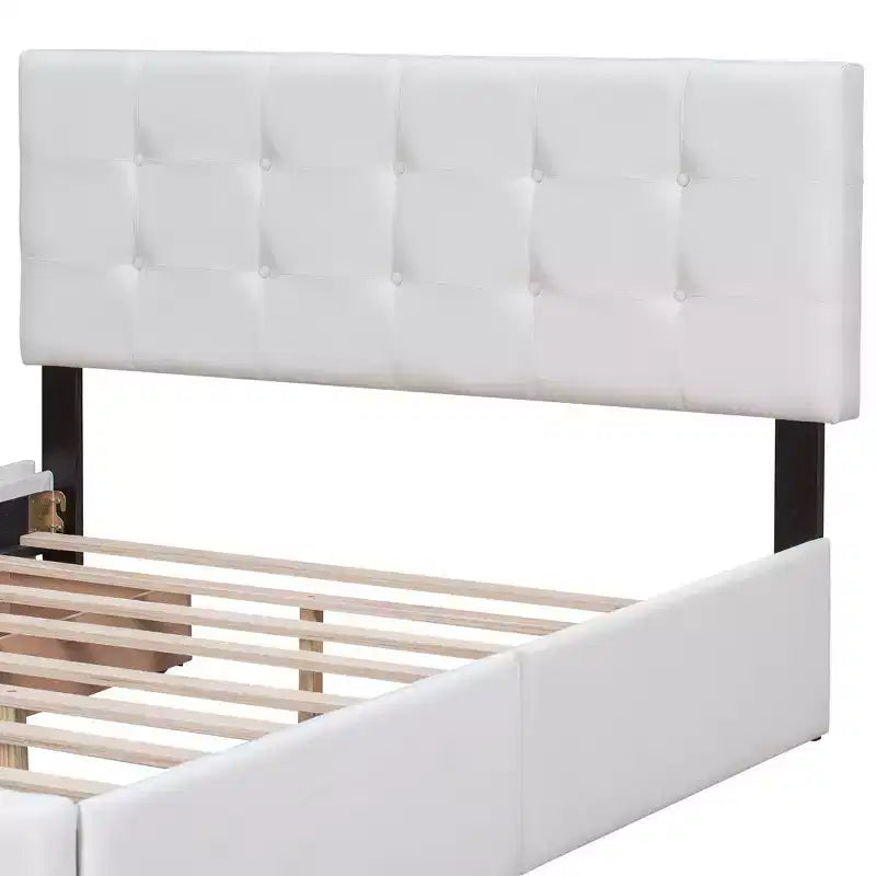 Lit plateforme capitonné avec tête de lit classique et 4 tiroirs - Aucun sommier requis - Tissu en lin - Grand lit (Queen) - Beige