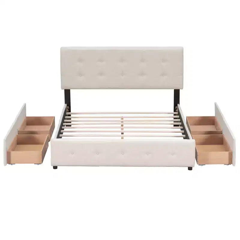 Lit plateforme capitonné avec tête de lit classique et 4 tiroirs - Aucun sommier requis - Tissu en lin - Grand lit (Queen) - Beige
