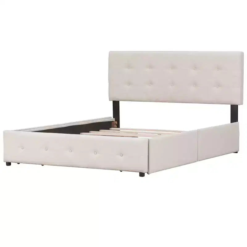Lit plateforme capitonné avec tête de lit classique et 4 tiroirs - Aucun sommier requis - Tissu en lin - Grand lit (Queen) - Beige