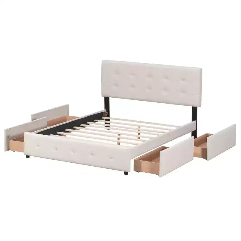 Lit plateforme capitonné avec tête de lit classique et 4 tiroirs - Aucun sommier requis - Tissu en lin - Grand lit (Queen) - Beige