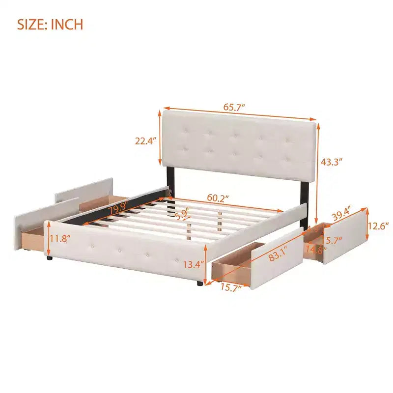 Lit plateforme capitonné avec tête de lit classique et 4 tiroirs - Aucun sommier requis - Tissu en lin - Grand lit (Queen) - Beige