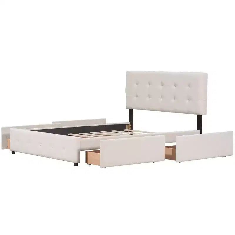 Lit plateforme capitonné avec tête de lit classique et 4 tiroirs - Aucun sommier requis - Tissu en lin - Grand lit (Queen) - Beige