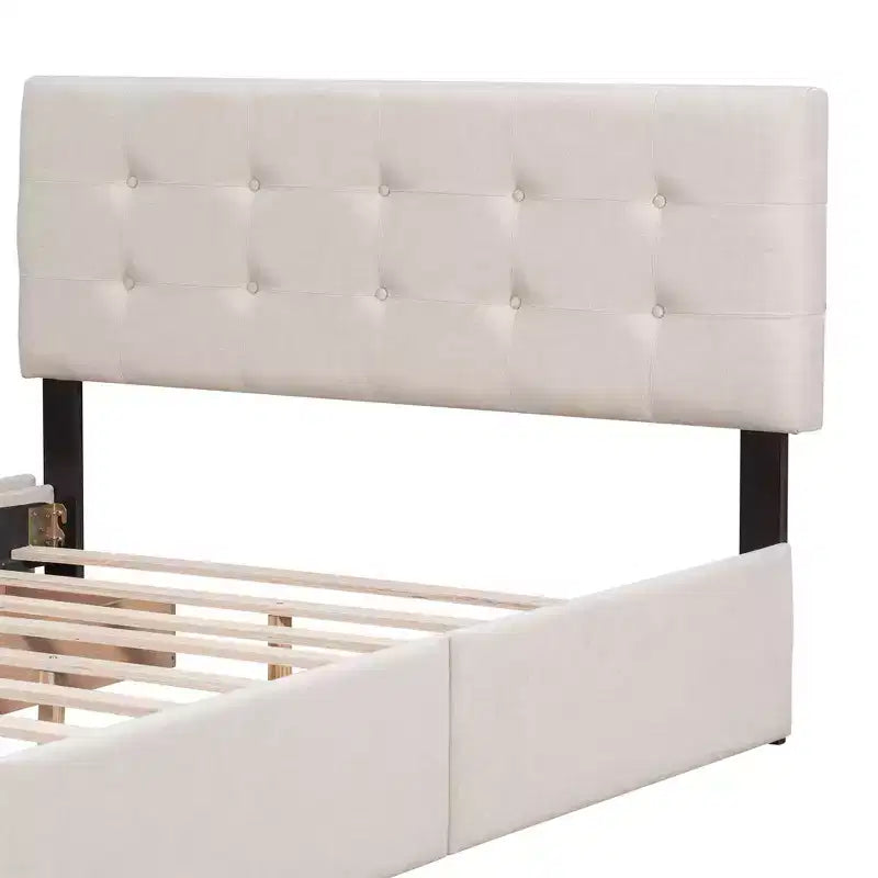 Lit plateforme capitonné avec tête de lit classique et 4 tiroirs - Aucun sommier requis - Tissu en lin - Grand lit (Queen) - Beige