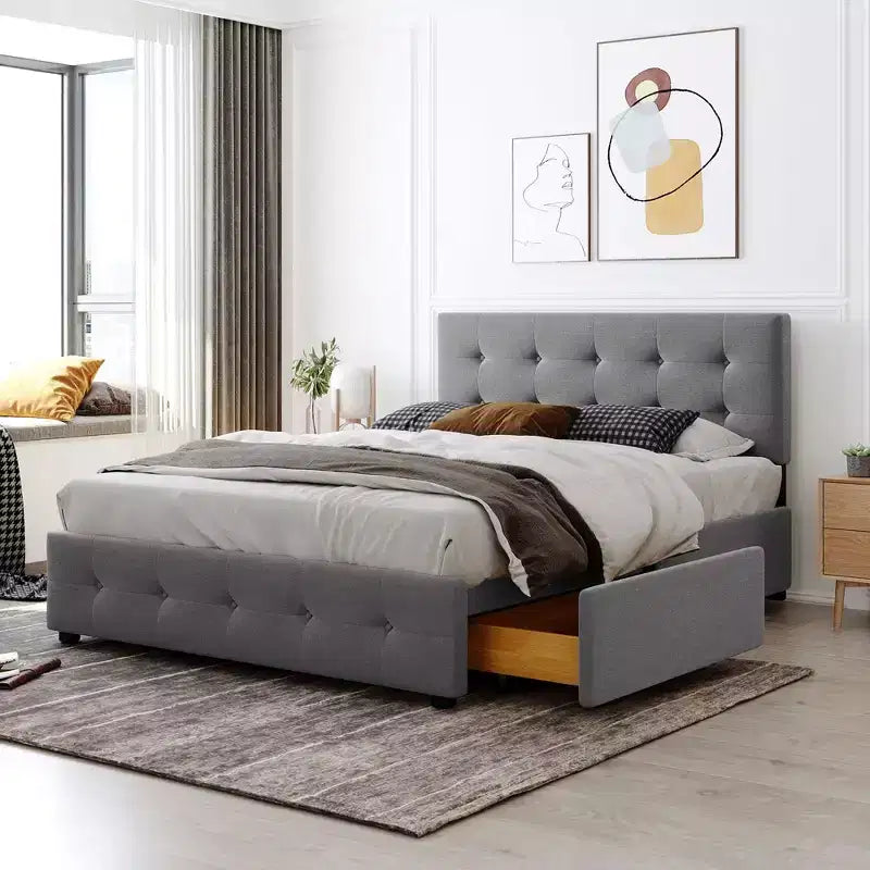 Lit plateforme capitonné avec tête de lit classique et 4 tiroirs - Aucun sommier requis - Tissu en lin - Grand lit (Queen) - Beige