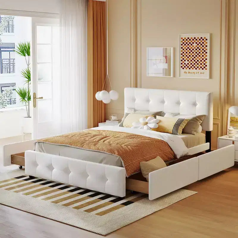 Lit plateforme capitonné avec tête de lit classique et 4 tiroirs - Aucun sommier requis - Tissu en lin - Grand lit (Queen) - Beige