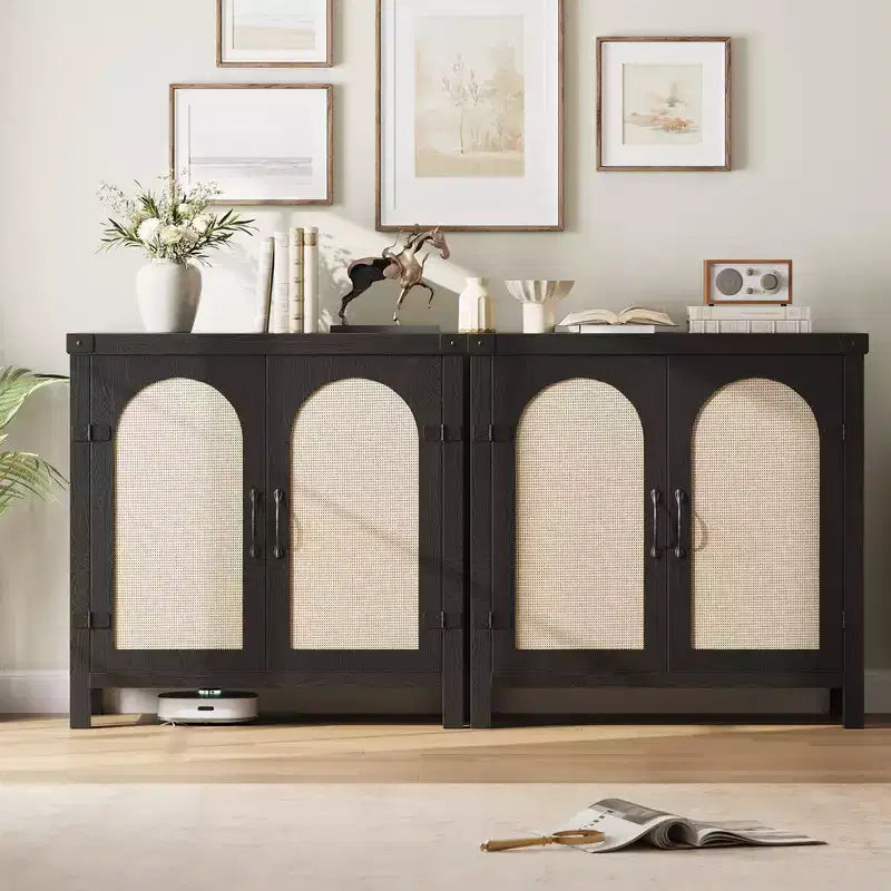 Buffet en rotin avec rangement, buffet de cuisine de style ferme avec tiroir, meuble de rangement en bois de style bohème pour bar à café
