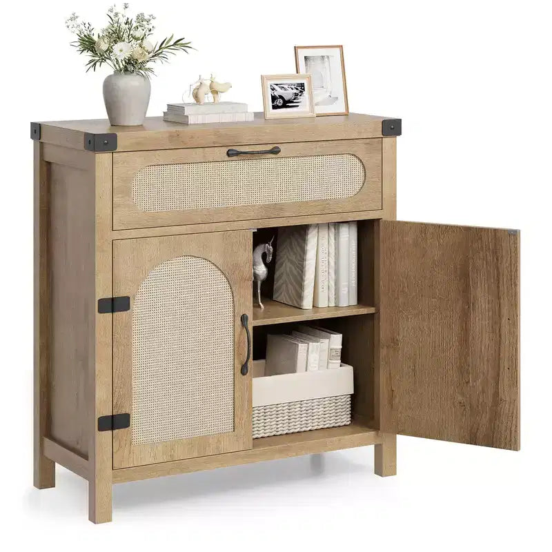 Buffet en rotin avec rangement, buffet de cuisine de style ferme avec tiroir, meuble de rangement en bois de style bohème pour bar à café