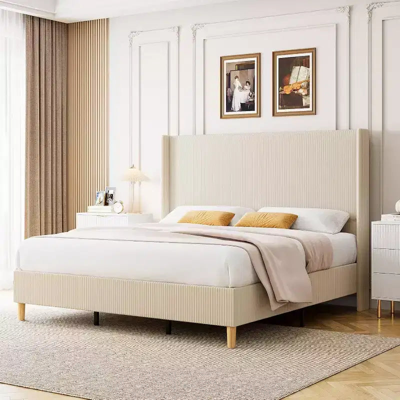 Full Bed Frame, Upholstered Platform Corduroy Bed Frame with Vertical Channel Tufted Wingback Headboard, Strong Wooden Slats, Easy Assembly, Beige
