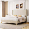 Full Bed Frame, Upholstered Platform Corduroy Bed Frame with Vertical Channel Tufted Wingback Headboard, Strong Wooden Slats, Easy Assembly, Beige