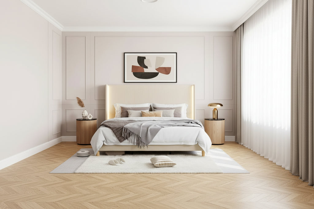Cadre de Lit Double, Lit Plateforme Rembourré en Velours Côtelé avec Tête de Lit à Ailes Touffetée Verticale, Lattes en Bois Robustes, Montage Facile, Beige