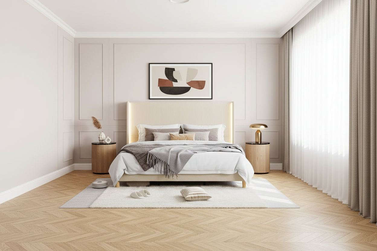 Cadre de Lit Double, Lit Plateforme Rembourré en Velours Côtelé avec Tête de Lit à Ailes Touffetée Verticale, Lattes en Bois Robustes, Montage Facile, Beige