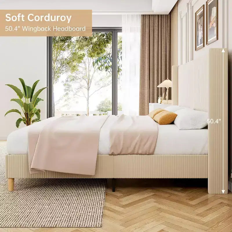 Cadre de Lit Double, Lit Plateforme Rembourré en Velours Côtelé avec Tête de Lit à Ailes Touffetée Verticale, Lattes en Bois Robustes, Montage Facile, Beige