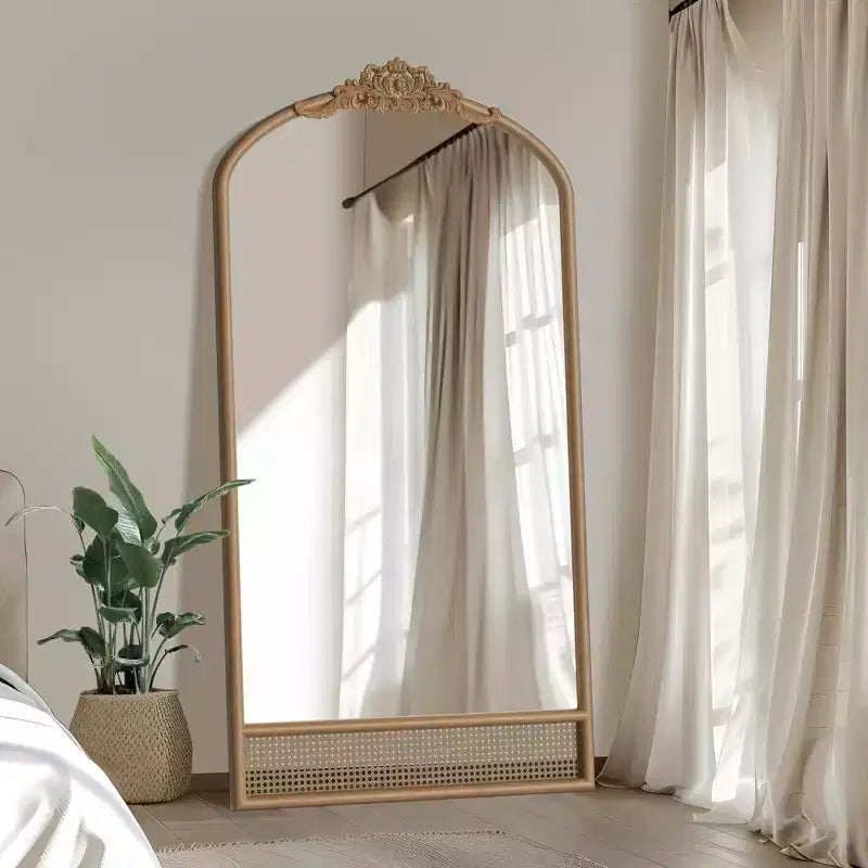 PexFix 37 in. W x 71 in. H Classic Carved Arch Wood Frame with Rattan Bottom Wall Mirror in Brown