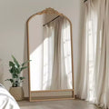 PexFix 37 in. W x 71 in. H Classic Carved Arch Wood Frame with Rattan Bottom Wall Mirror in Brown