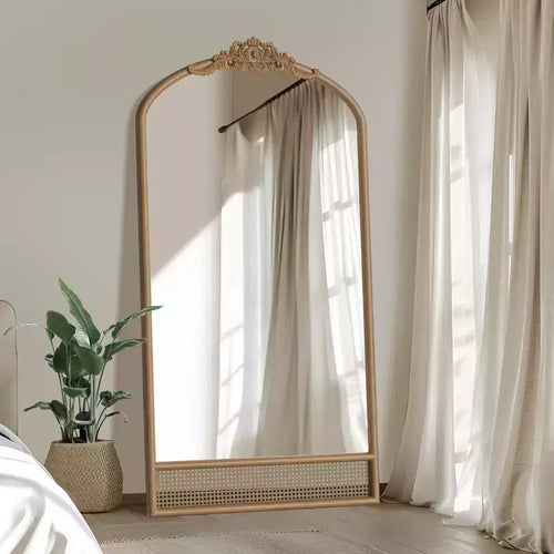 PexFix 37 in. W x 71 in. H Classic Carved Arch Wood Frame with Rattan Bottom Wall Mirror in Brown