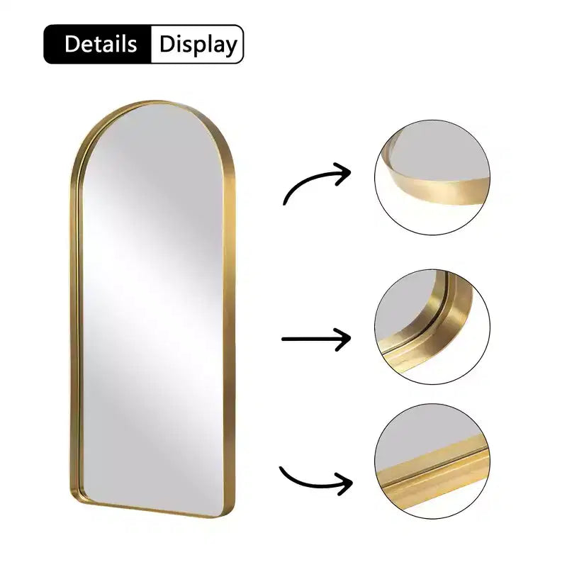 Miroir psyché encadré en arc moderne de 32 po L x 71 po H avec coins arrondis, couleur or