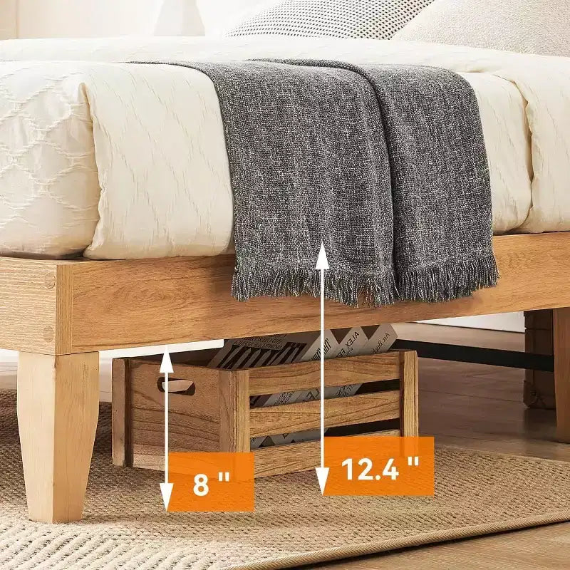 Cadre de lit en rotin avec tête de lit naturelle, lumières LED, lattes en bois massif, espace de rangement, pas besoin de sommier tapissier