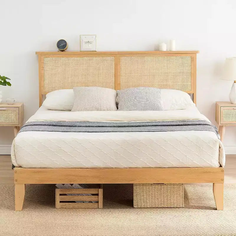 Cadre de lit en rotin avec tête de lit naturelle, lumières LED, lattes en bois massif, espace de rangement, pas besoin de sommier tapissier