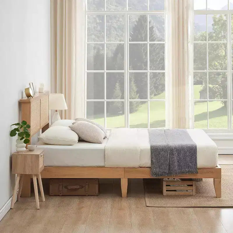 Cadre de lit en rotin avec tête de lit naturelle, lumières LED, lattes en bois massif, espace de rangement, pas besoin de sommier tapissier