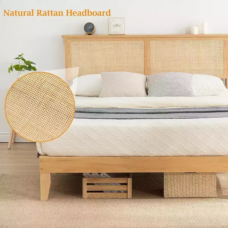 Cadre de lit en rotin avec tête de lit naturelle, lumières LED, lattes en bois massif, espace de rangement, pas besoin de sommier tapissier