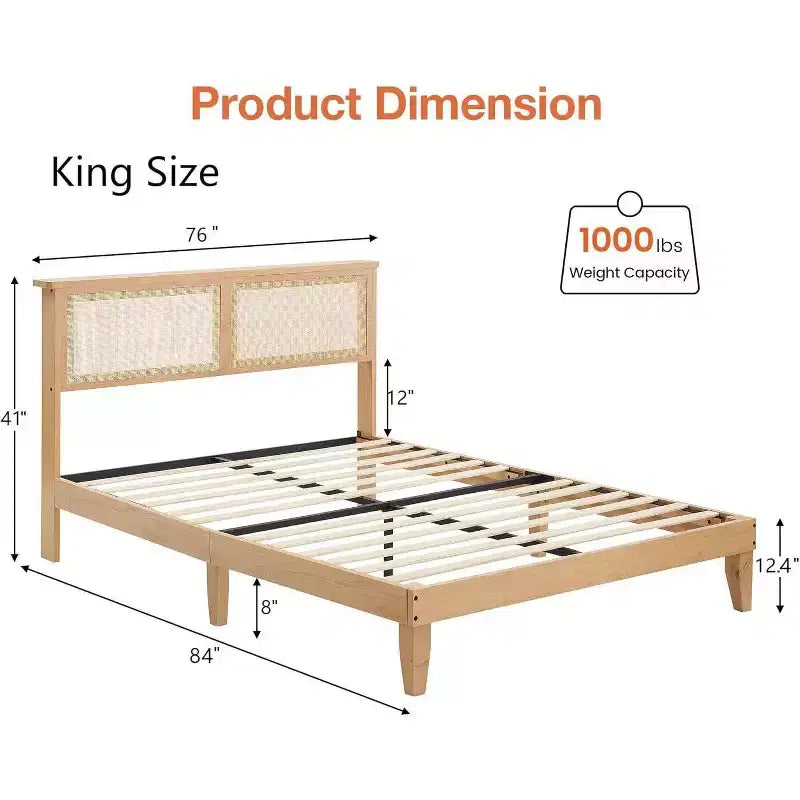 Cadre de lit en rotin avec tête de lit naturelle, lumières LED, lattes en bois massif, espace de rangement, pas besoin de sommier tapissier