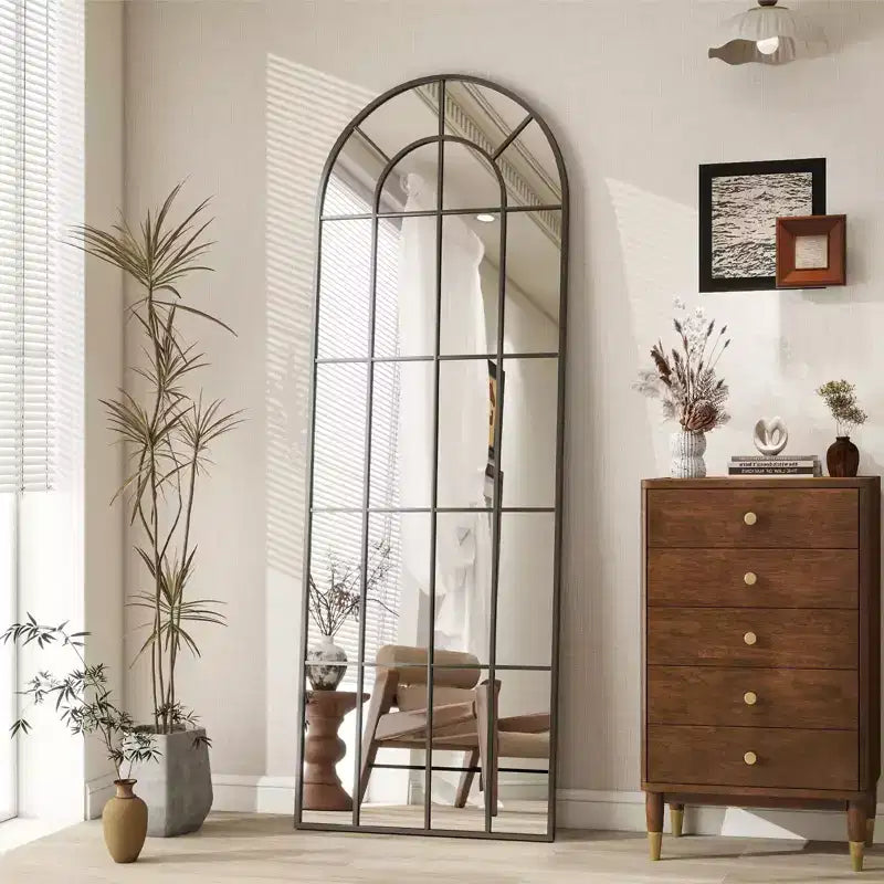BEAUTYPEAK 69x 25 Arched Full-Length Windowpane Mirror Wall-Decor Mirror,Black