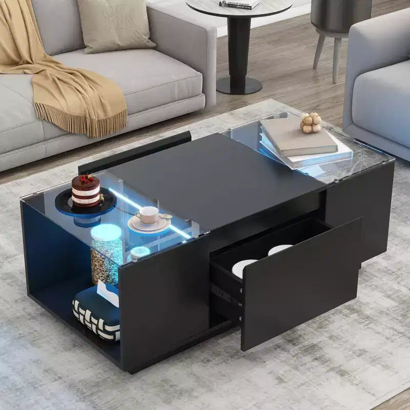 Table basse LED moderne, éclairage 16 couleurs et espace de rangement, finition laquée brillante, table d'appoint rectangale pour salon