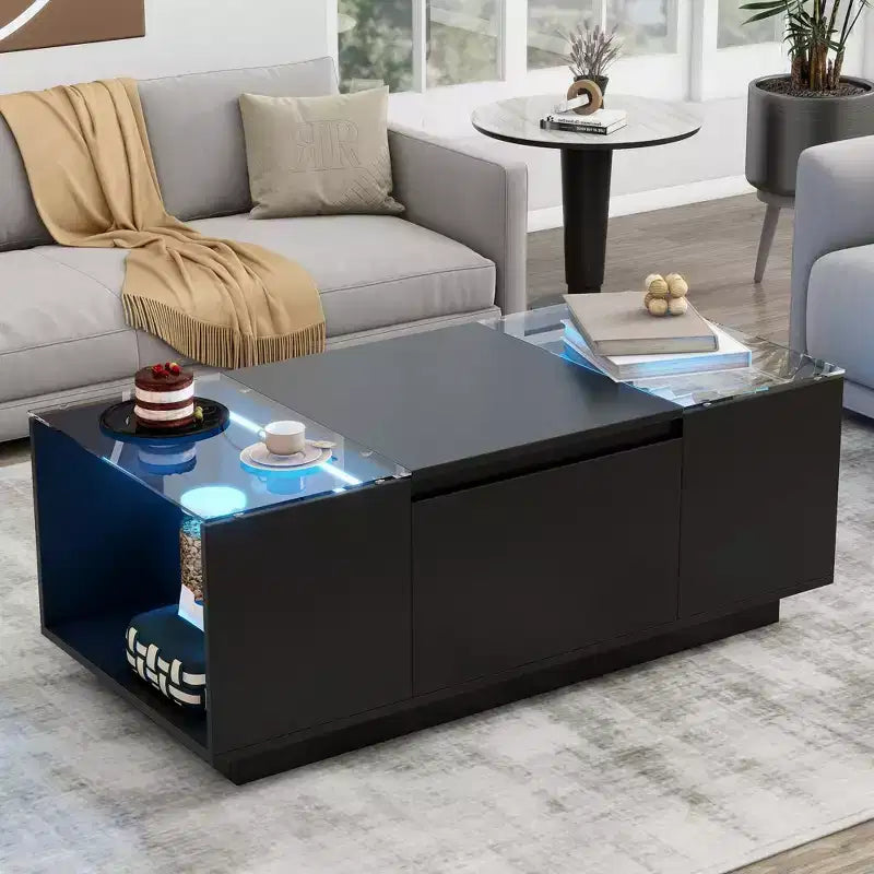 Table basse LED moderne, éclairage 16 couleurs et espace de rangement, finition laquée brillante, table d'appoint rectangale pour salon