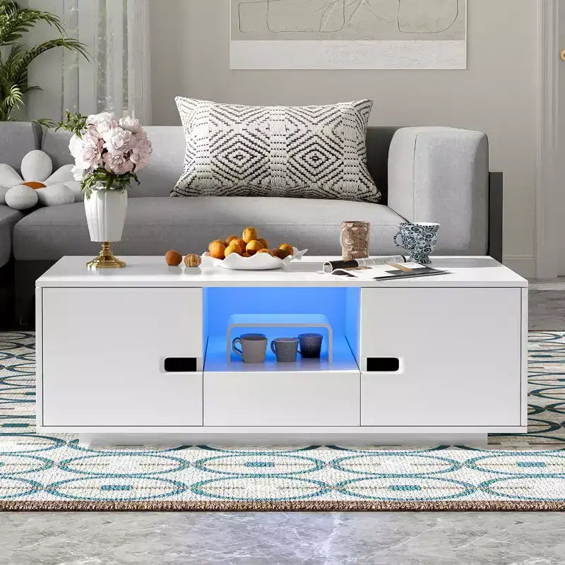 Table basse LED moderne, éclairage 16 couleurs et espace de rangement, finition laquée brillante, table d'appoint rectangale pour salon