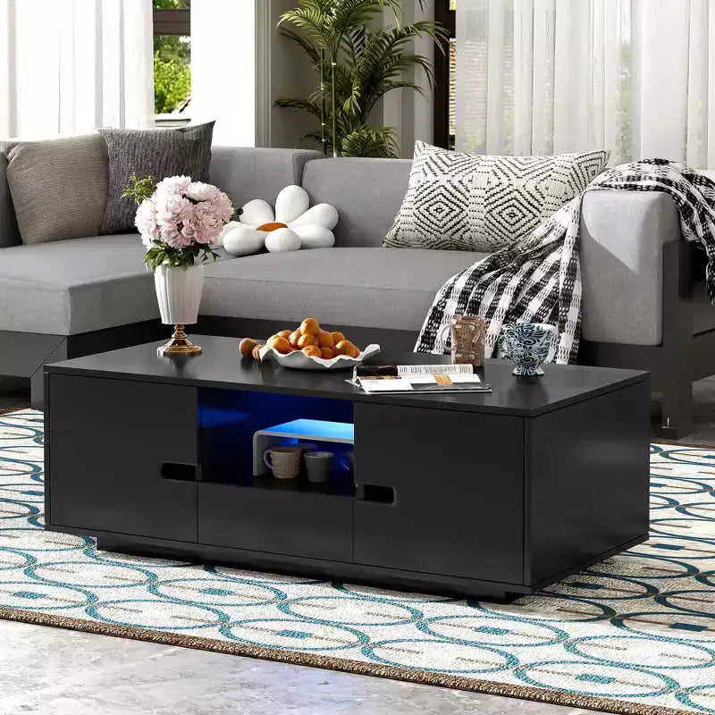 Table basse LED moderne, éclairage 16 couleurs et espace de rangement, finition laquée brillante, table d'appoint rectangale pour salon