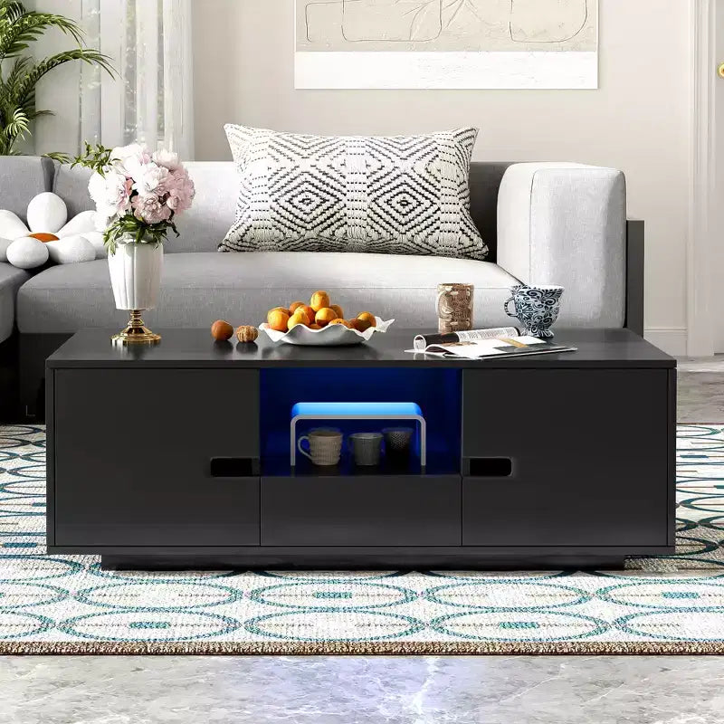 Table basse LED moderne, éclairage 16 couleurs et espace de rangement, finition laquée brillante, table d'appoint rectangale pour salon