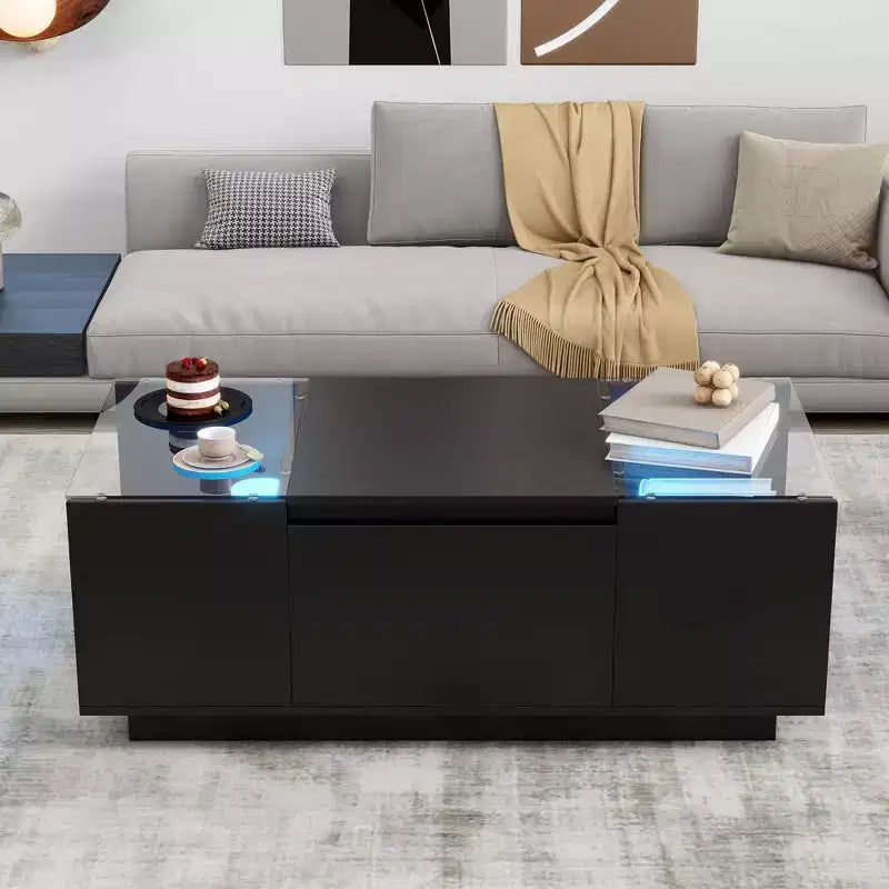 Table basse LED moderne, éclairage 16 couleurs et espace de rangement, finition laquée brillante, table d'appoint rectangale pour salon