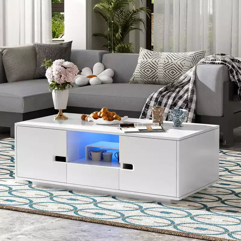 Okak Modern LED Coffee Table, 16-Color Lighting & Storage Space in High Gloss Finish, Rectangle Accent Center Table for Living Room