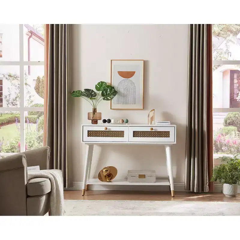 Console d'entrée moderne et élégante avec tiroirs et étagère métallique