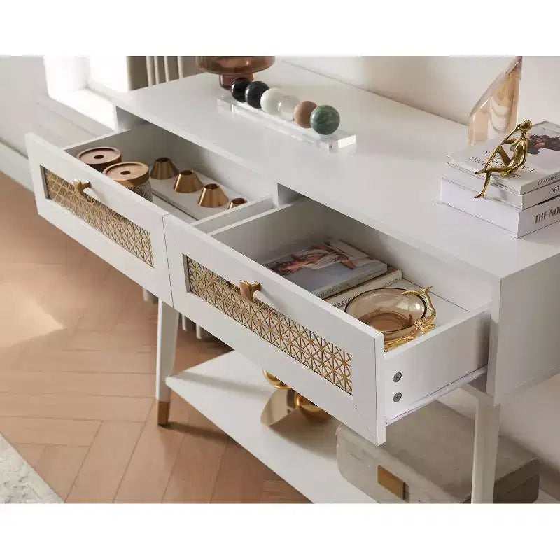 Console d'entrée moderne et élégante avec tiroirs et étagère métallique