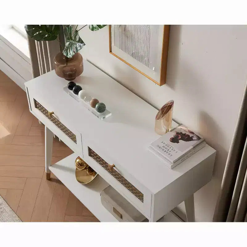 Console d'entrée moderne et élégante avec tiroirs et étagère métallique