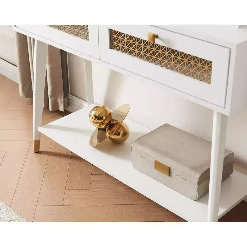 Console d'entrée moderne et élégante avec tiroirs et étagère métallique