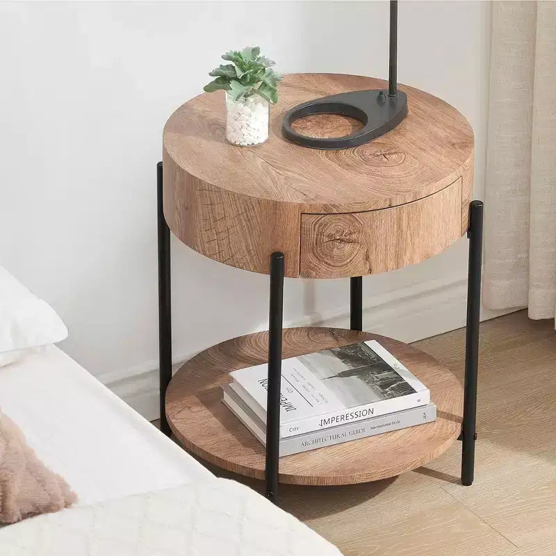 Side Table, Round End Table with Drawer & Storage Shelves, Wooden Bedside Table, Accent Coffee Table for Living Room, Bedroom