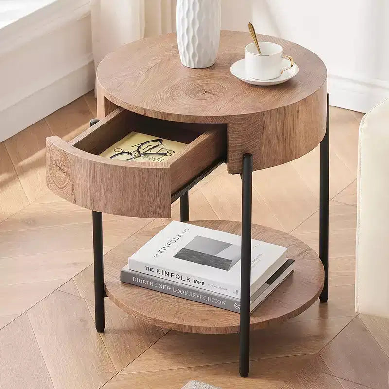 Table d'appoint, table basse ronde avec tiroir et étagères de rangement, table de chevet en bois, table d'appoint pour salon, chambre à coucher