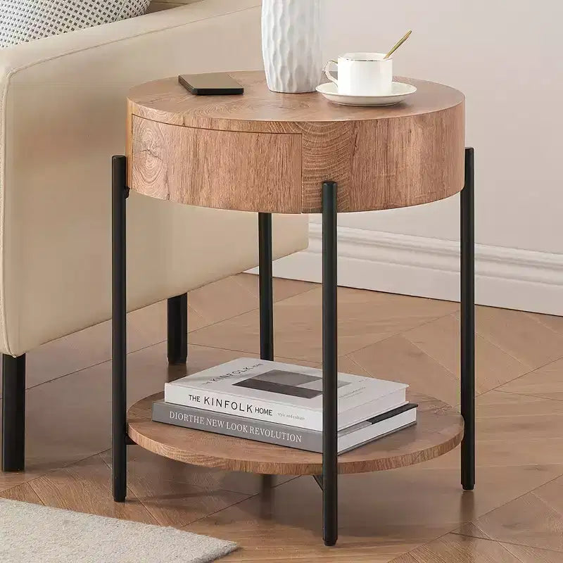 Table d'appoint, table basse ronde avec tiroir et étagères de rangement, table de chevet en bois, table d'appoint pour salon, chambre à coucher