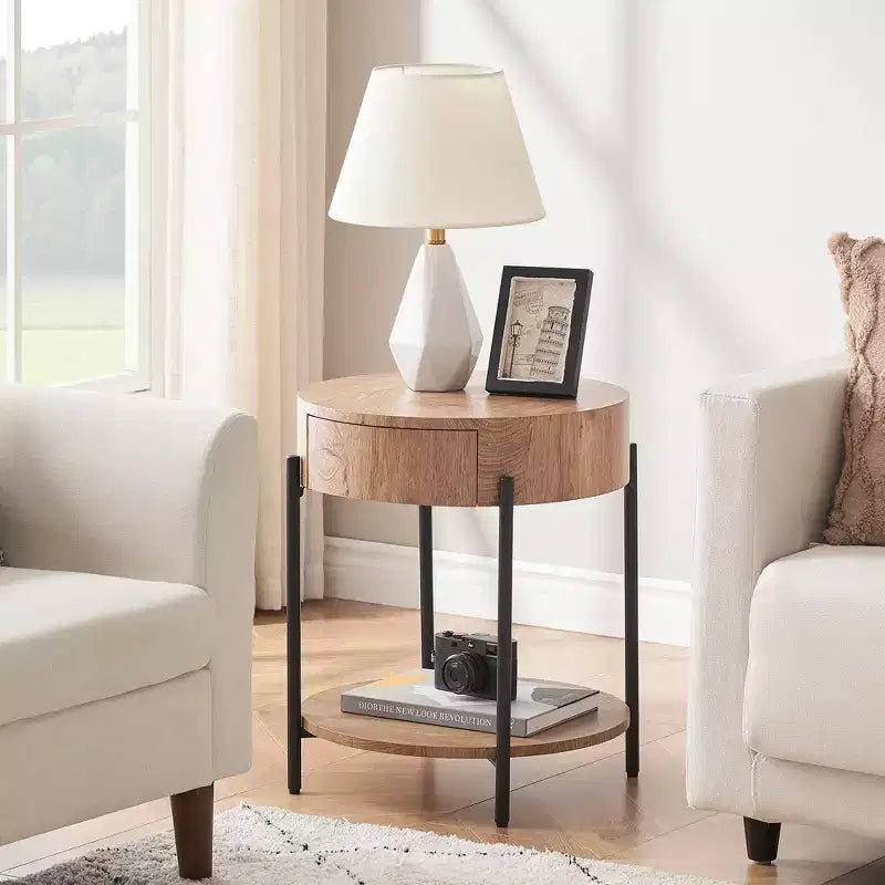 Table d'appoint, table basse ronde avec tiroir et étagères de rangement, table de chevet en bois, table d'appoint pour salon, chambre à coucher