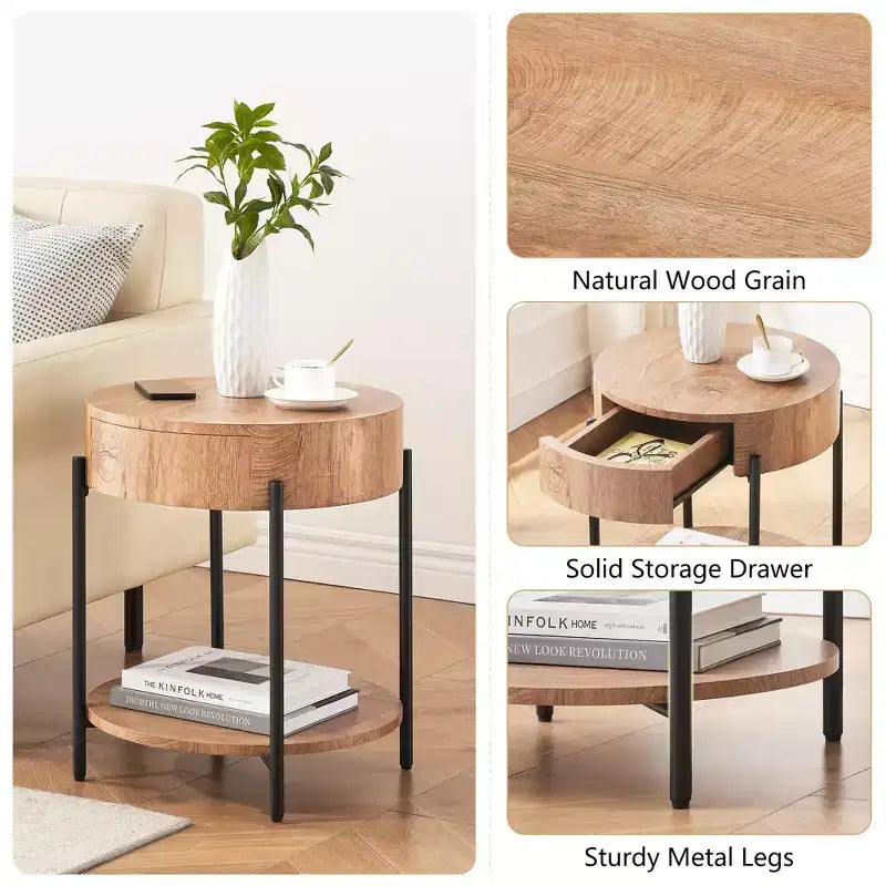 Table d'appoint, table basse ronde avec tiroir et étagères de rangement, table de chevet en bois, table d'appoint pour salon, chambre à coucher