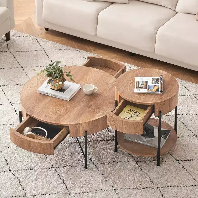 Table d'appoint, table basse ronde avec tiroir et étagères de rangement, table de chevet en bois, table d'appoint pour salon, chambre à coucher
