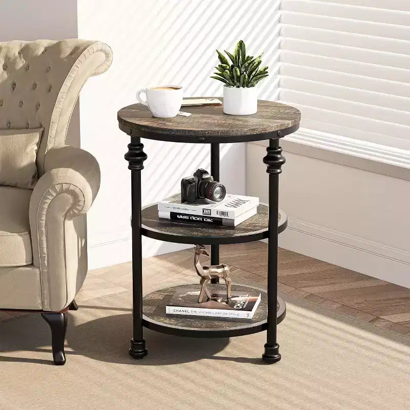 Round End Table, Small Accent Table with 3 Tier Storage Shelves, Farmhouse Wood Side Table, Metal Frame Industrial Night Stand