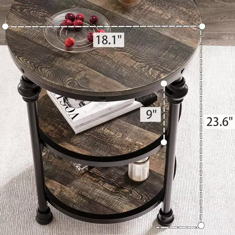 Table d'appoint ronde, Petite table d'appoint avec 3 étagères de rangement, Table d'appoint de style rustique en bois, Table de chevet industrielle à cadre métallique