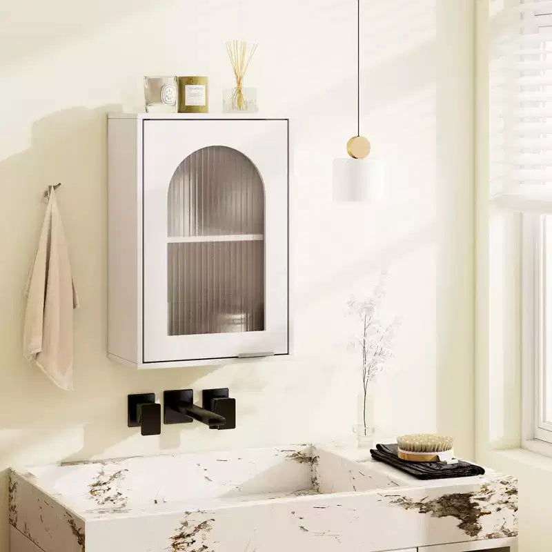 Armoire de toilette murale avec porte en verre trempé et étagère réglable Blanc/Noir/Marron/Gris/Naturel